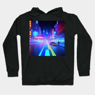 Ai Generated Art Scenery - Futuristic City Street With Shops And Neon Lighting Hoodie